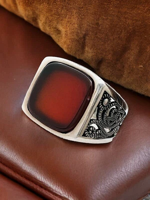Solid 925 Sterling Silver Square Floral deign Ring With Natural Red Agate ring - Image 1 of 4