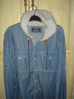 Buffalo David Bitton Hooded Shirt Rare XL Long Sleeve Chambray Blue - Image 1 of 4
