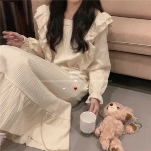 Women Ruffle Nightgown Cotton Nightdress Square Collar Midi Dress Sleepwear - Bild 1 von 16