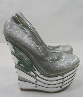 SILVER 6.5"High Wedge Heel 2.5"platform Round Toe  Shoes Women Size 7 - Image 1 of 4