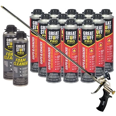 Great Stuff Pro Gaps & Cracks Foam 12 cans, 2 ft Pro Foam Gun, 2 Cans Cleaner