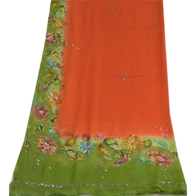 Sanskriti Vintage Dupatta Estola Larga Pura Georgette Seda Naranja/Verde Cuentas de Mano Foto 1 de 4
