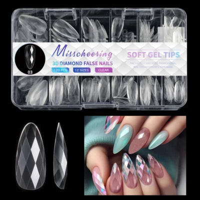 120/140Pcs 3D Diamond Almond Ballet Coffin False Nails Clear Press On Nails DI ~ - Image 1 of 4