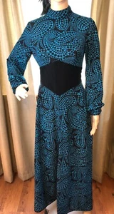 Vintage 70er Jahre Langarm Maxikleid geometrisch blau schwarz Größe S - Bild 1 von 16
