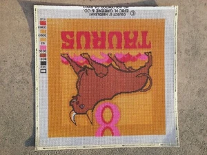 "TAURUS" Zodiac painted needlepoint canvas 15" square finished from 1970'S NEW - Picture 1 of 2