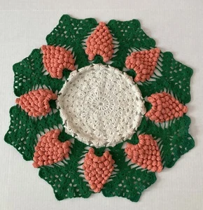 Handmade Crocheted Doily Small Table Covering Tangerine Colored Grape Clusters - Picture 1 of 4