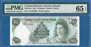 Cayman Islands, 5 Dollars, Prefix A/1, 1974, Gem UNC-PMG65EPQ, P6a - Picture 1 of 2