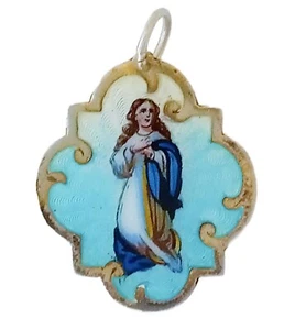 Antiguo collar colgante de plata esterlina esmaltada de 18' Inmaculada Concepción años 20 - Imagen 1 de 5