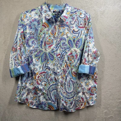 Blusa Chaps No Iron 3X Talla Grande Multicolor Paisley Abotonada Manga 3/4 Foto 1 de 4
