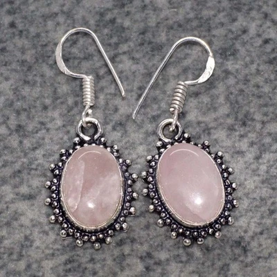 New Arrival Rose Quartz 925 Silver Plated Gemstone Earrings 1.5" JW - Image 1 of 3