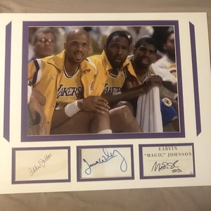 Lakers Authentic Signed Frame, Kareem Abdul-Jabbar, James Worthy & Magic Johnson - Picture 1 of 4