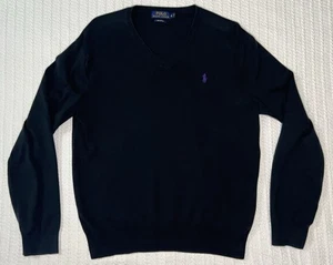 Polo Ralph Lauren V-Neck Pima Cotton Pullover Sweater MD 20” X 24” Black Purple - Picture 1 of 8