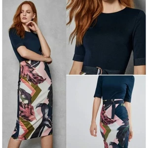 Ted Baker NWT Navy Blue & Pink Casiew Eden Block Bodycon Sheath Midi Dress Sz 2 - Picture 1 of 9