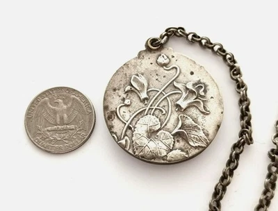 Miroir ancien Art Nouveau châtelaine argenté Antique Art Nouveau pocket mirror - Photo 1/4