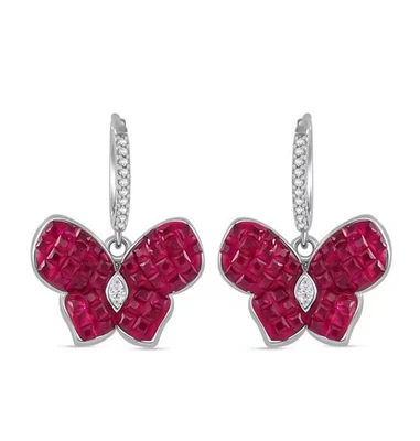 Ruby & White Simulated Diamond Butterfly Earrings Rhodium Over Sterling Silver - Image 1 of 4