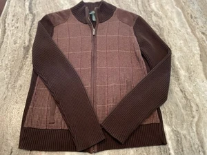 Ralph Lauren Houndstooth Brown & Tan Suede Trim Zip Up Sweater. Ladies Large. L - Picture 1 of 8