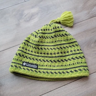 Columbia Knit Beanie Hat with Pom Tassel Green Striped Pattern - Image 1 of 3