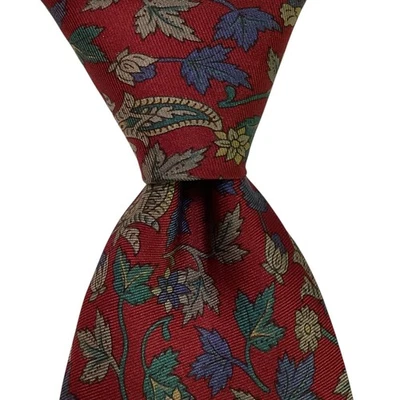 OLEG CASSINI Men's Silk Necktie USA Designer FLORAL LEAVES Burgundy/Multi GUC - Image 1 of 3