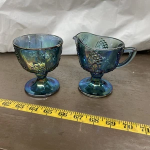 Vintage Indiana Carnival Glas irisierend blau Ernte Traube Zucker & Milchkännchen Set - Bild 1 von 6