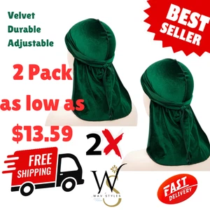 1-2 Pcs Green Velvet Durag Men Unisex Long Tail Soft Durag Headwrap 360 Wave Cap - Picture 1 of 1