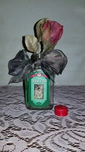 Pocket-sized Absinth Bottle Empty + Artificial Rose Valentine's Day Collectible - Picture 1 of 4