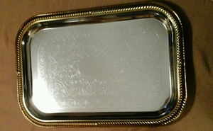 Silver Gold Trim Serving Tray Rectangular - Picture 1 of 4