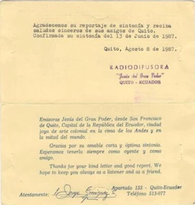 QSL, Radio Jesus del Gran Poder, Quito, Ecuador, 1987 - Bild 1 von 1
