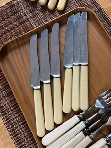 Sheffield England Faux Bone Vintage Messer 6er Set + Gratis Set 7 Gabeln - Bild 1 von 7