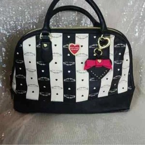 BETSEY JOHNSON Satchel Handbag | Black and White Stripes Hearts Pink Accents - Picture 1 of 9