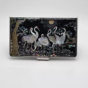 Mother of pearl Metal Business Name ID Card Holder Flock of Crane Mirror-inside! - Picture 1 of 8