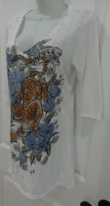 SinfulšBeautiful Rhinestone Tiger & Floral V-Neck Tunic T-Shirt Top-Sz L - Picture 1 of 9