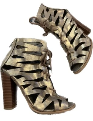 Call It Spring Block Heels Gold Metallic Tie Up Open Toe Bootie Sandals Sz 7.5 - Image 1 of 4
