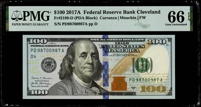 $100 2017A Federal Reserve Note Cleveland Fr#2189-D "Fancy Serial #" PMG 66 EPQ  - Image 1 of 3