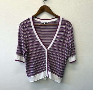 Veronica Beard Varia Cardigan Womens Size M Linen Purple Stipe Open Knit Preppy - Picture 1 of 7