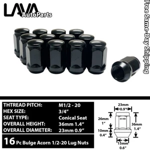 16PC 1.38" TALL 1/2-20 BLACK 3/4" HEX BULGE ACORN LUG NUT FIT FORD/MERCURY/SAAB - Picture 1 of 3