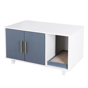 Cat Litter Box Furniture Hidden Pet Crate House Washroom Storage Bench W/2 Doors - Picture 1 of 24