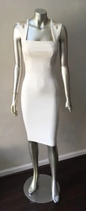 Nwot Mantel Bodycon Strass Verziert Beige Party Elastan Midi Kleid S - Bild 1 von 7