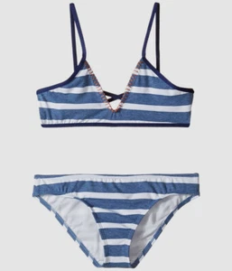 $79 Splendid Girls Blue White Striped Chambray V-Neck Two-Piece Swim Set Size 7 - Picture 1 of 2