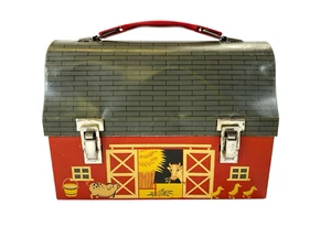 Vintage THERMOS Red Barn Farm House Animals Metal Lunchbox Open Doors - Picture 1 of 16