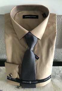 Adrienne Vittadini men's S (14-14 1/2 32/33) Slim Fit Brown Shirt Tie Cufflinks - Picture 1 of 23