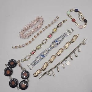 Vintage Bracelet Lot 8 Piece Scarab Charm Molded Glass Rhinestone Multicolor - Picture 1 of 11