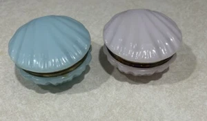 "Caja de baratija vintage rosa y azul concha redonda vieira tapa con bisagras decoración de joyas 3""" - Imagen 1 de 11
