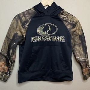 Mossy Oak Hoodie Boys Size 8 Black Camouflage Outdoors Pockets Spell Out - Picture 1 of 4