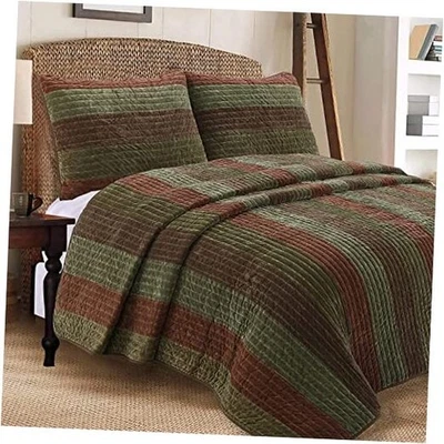  Juego de cama edredón reversible de terciopelo a rayas verde oscuro, salvia marrón king Foto 1 de 4