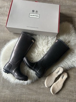 Hunter Botas de Lluvia Para Mujer 8 Starcloud Botas de Agua Altas Negro Brillante + Insertos ✨NUEVAS Foto 1 de 4