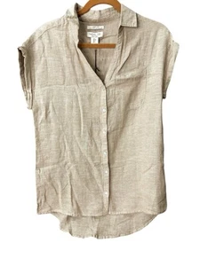 Rachel Zoe Women’s Sz S Beige Linen Button Front Blouse Cap Sleeves Collared - Picture 1 of 11
