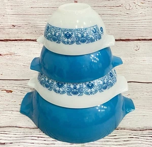 4 Vintage Pyrex Horizon Blau & Weiß Cinderella Rührschüssel Set 441 442 443 444 - Bild 1 von 10