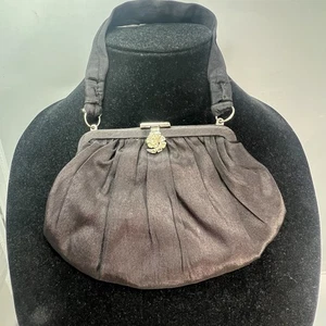 Vintage Black Satin w/Rhinestone Clasp Detailed Evening Bag - Picture 1 of 3