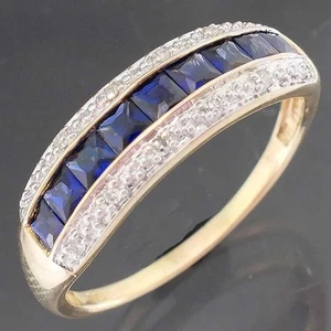 Dressy Solid 9k Yellow GOLD 9 Square Blue SAPPHIRE & 12 DIAMOND RING Sz T - Picture 1 of 6
