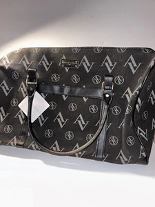 NEW Adrienne Vittadini Large Canvas Weekender Duffle Tote Bag Signature Black - Picture 1 of 12